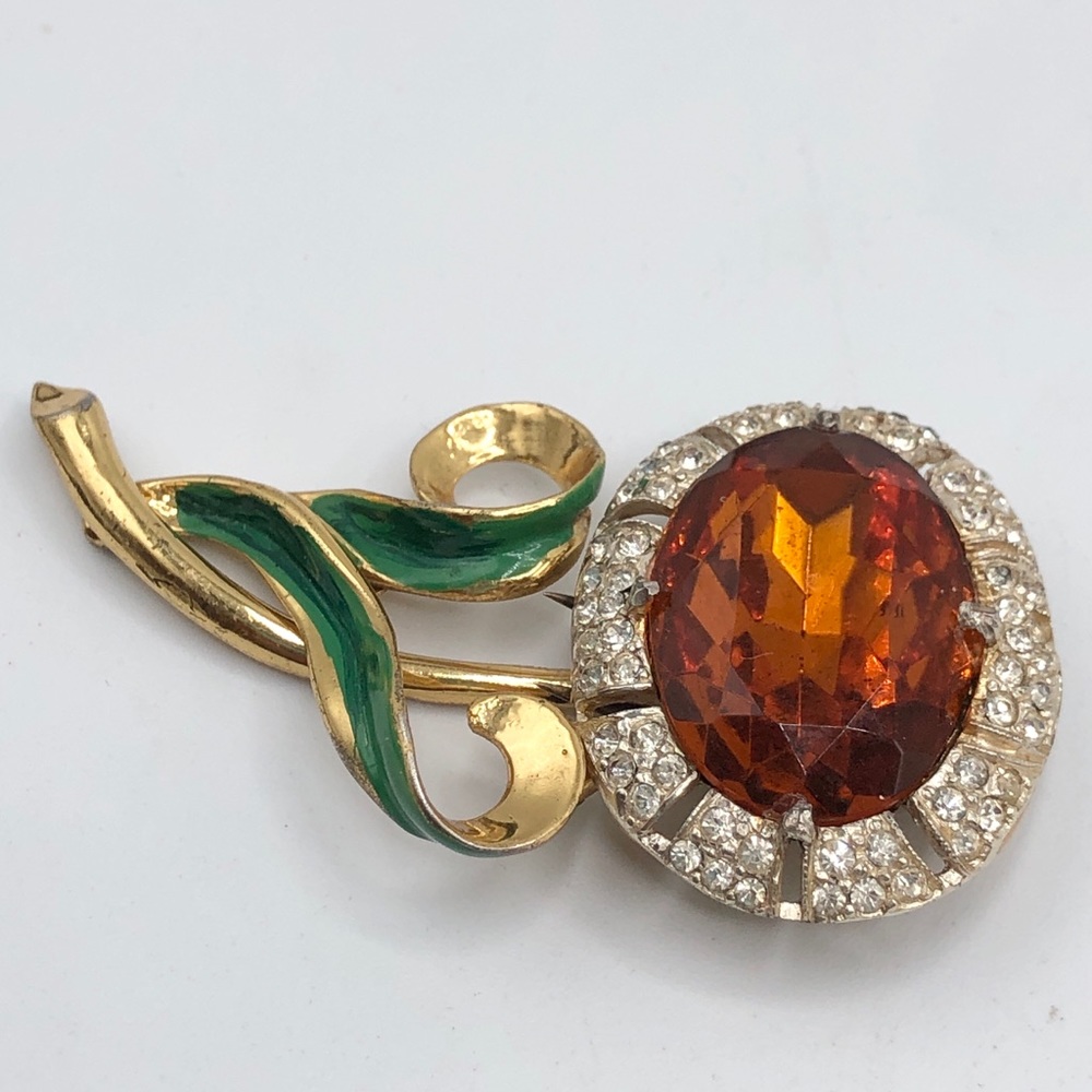 Corocraft Sterling Enamel Glass Rhinestone Flower Fur Clip